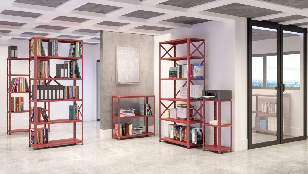 Onde encontrar móveis Pandin com excelente custo-benefício? 7 Estantes de aço vermelhas da Pandin em escritório.